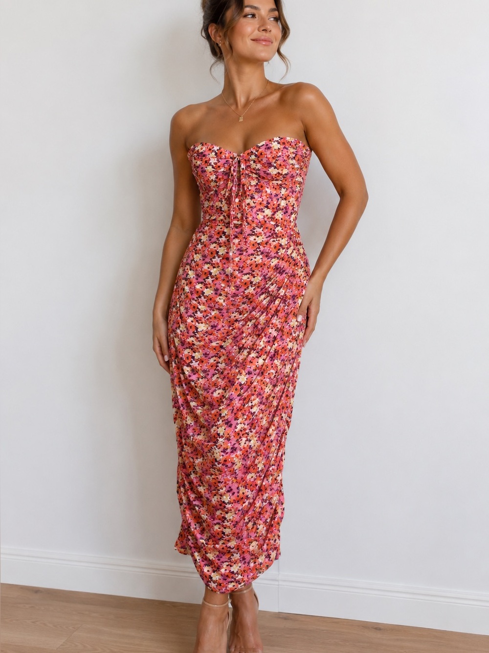 PrettyLittleThing Floral Ruched Strapless Midi Dress 🌸